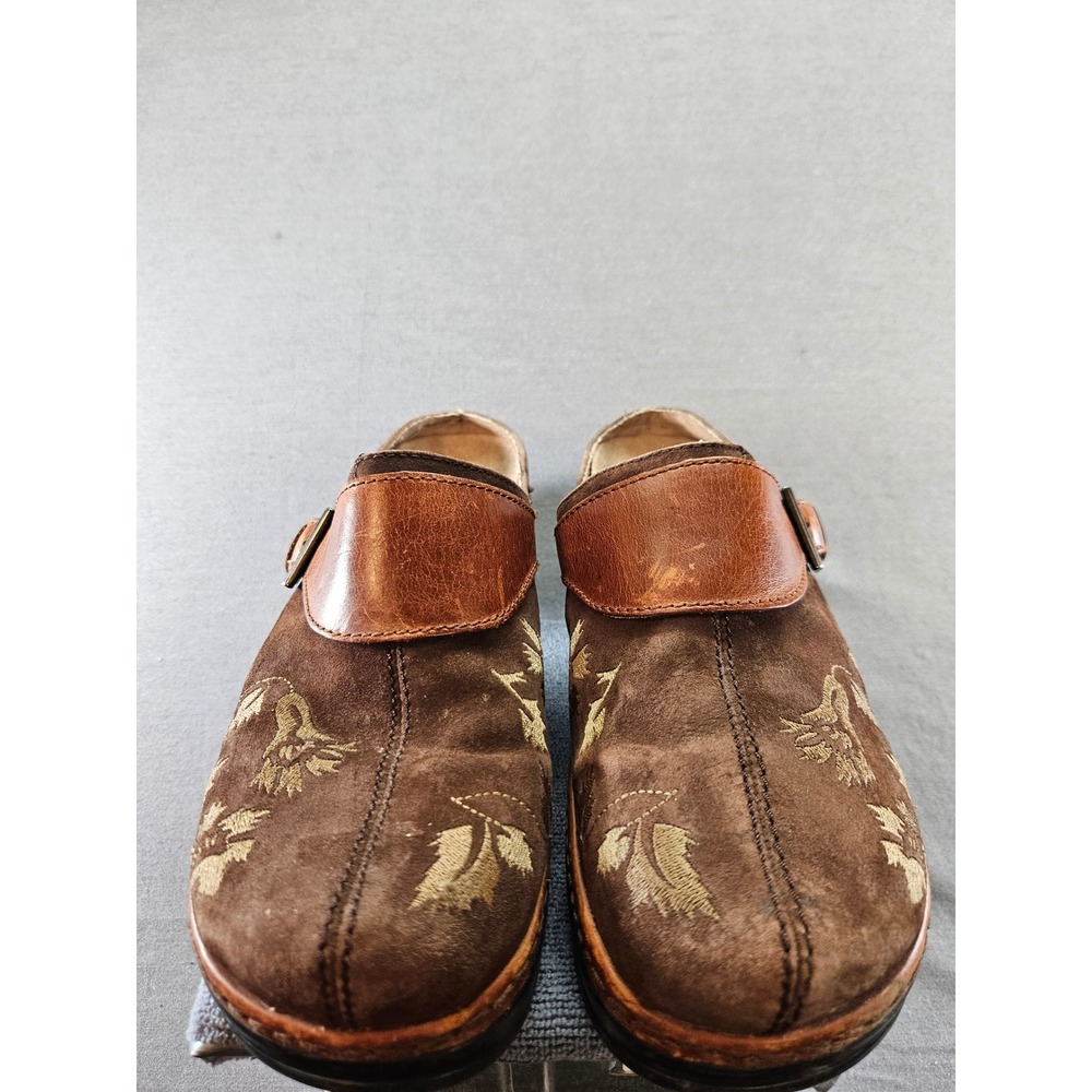 Klogs Brown Leather Floral Embroidered Buckle Clogs Mules Womens 11M Slip On